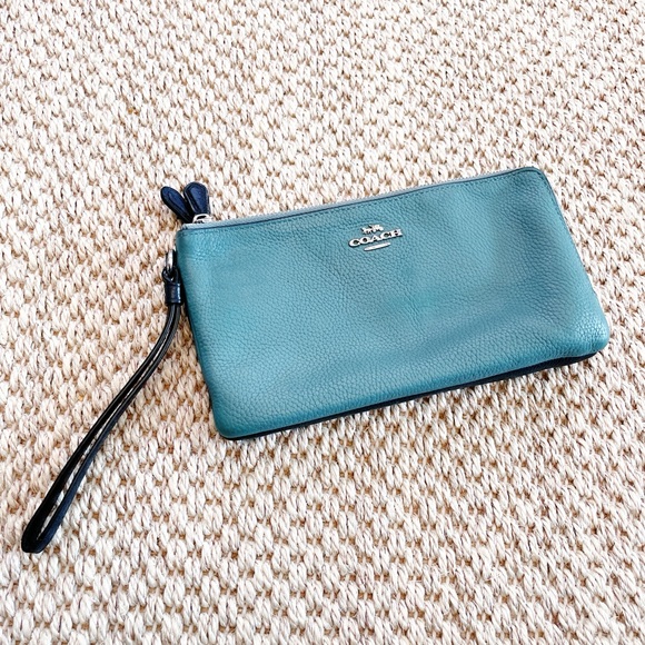 Coach Handbags - Coach Pebbled Leather Wristlet Wallet Teal Blue Double Zip Pouch EUC